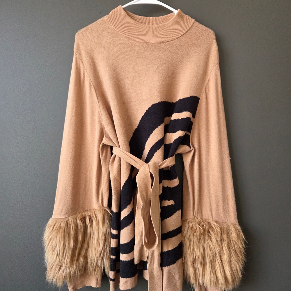 Alfani Tan Zebra Print Faux Fur Trim Cuff Belted Mock Neck Sweater Tunic 3X Plus